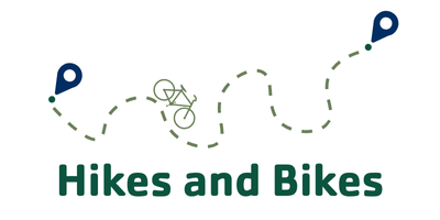 Hikes and Bikes logo of a bike on a dotted line path