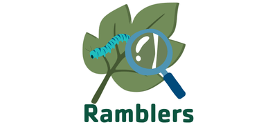 Ramblers icon of a green leave with a caterpillar on it and a magnifying glass