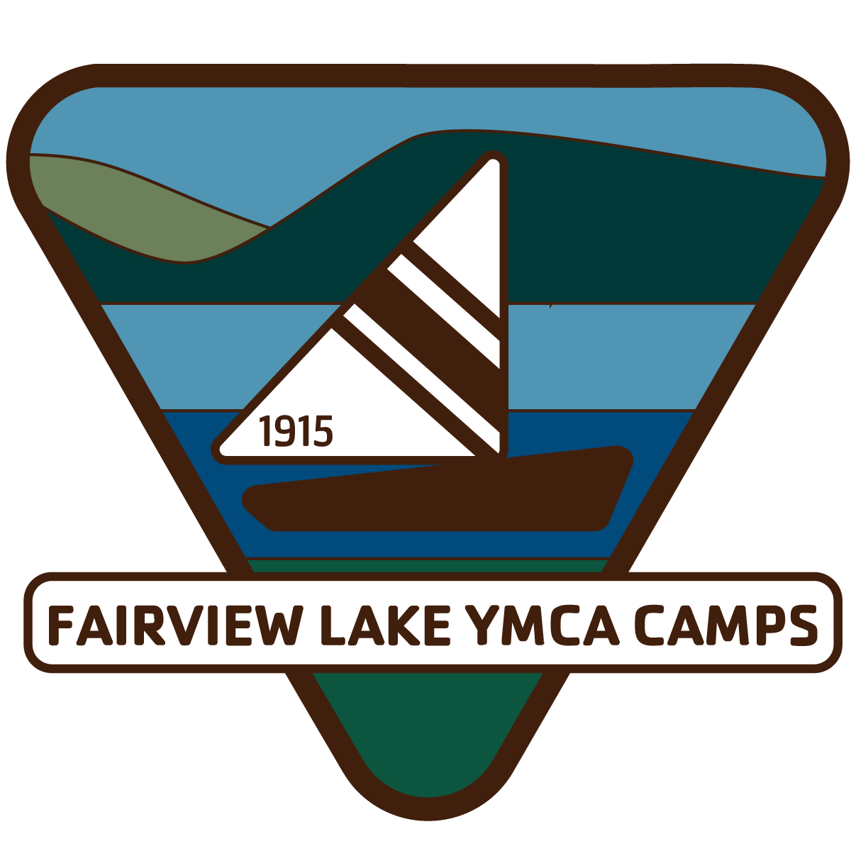 The Fairview Lake Heritage Logo features a inverted triangle with an image of the iconic ridge and a sailboat with 1915 on the sail. Crossing the lower part of the triangle are the words Fairview Lake YMCA CAmps